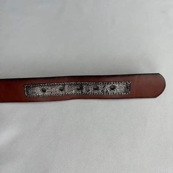 Small Metallic Bow Silver Buckle Brown Leather Belt Country Western Shimmer - Picture 5 of 5